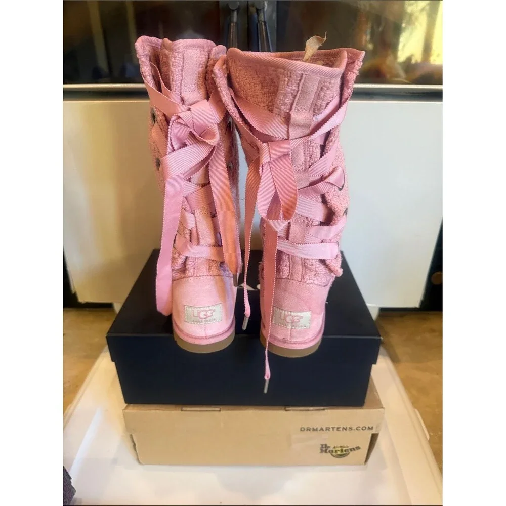 UGG Pink Heirloom Lace Up Tall Winter Boots Size 6